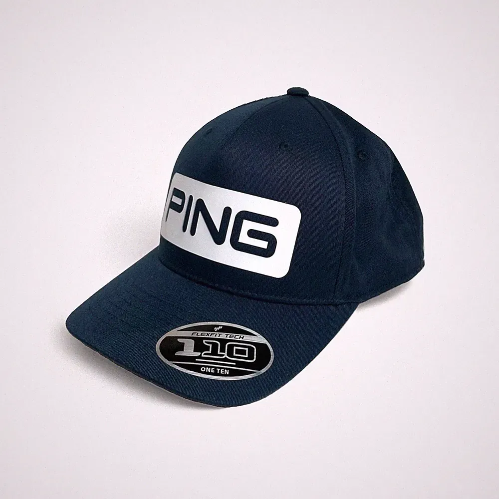 New PING Golf Hat Cap FLEXFIT TECH 110 One Ten Navy Blue White Logo Snapback