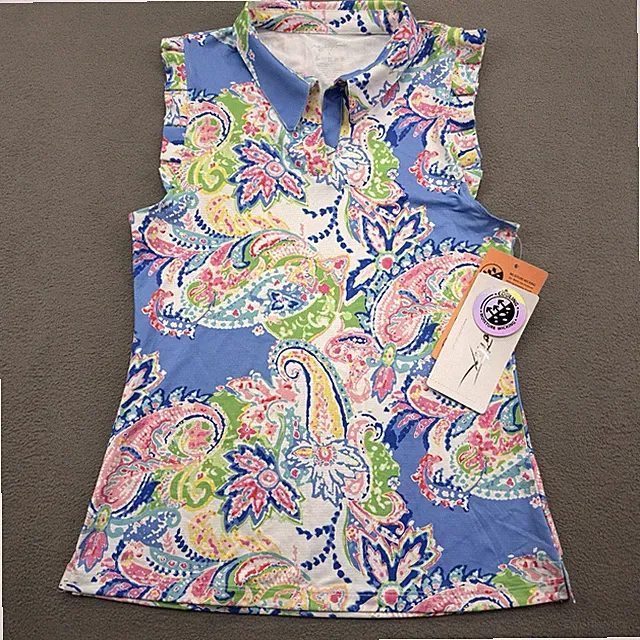 NWT GOTTEX Paisley Ruffle Sleeveless Golf Tennis Polo Shirt Sz S Wicking Stretch