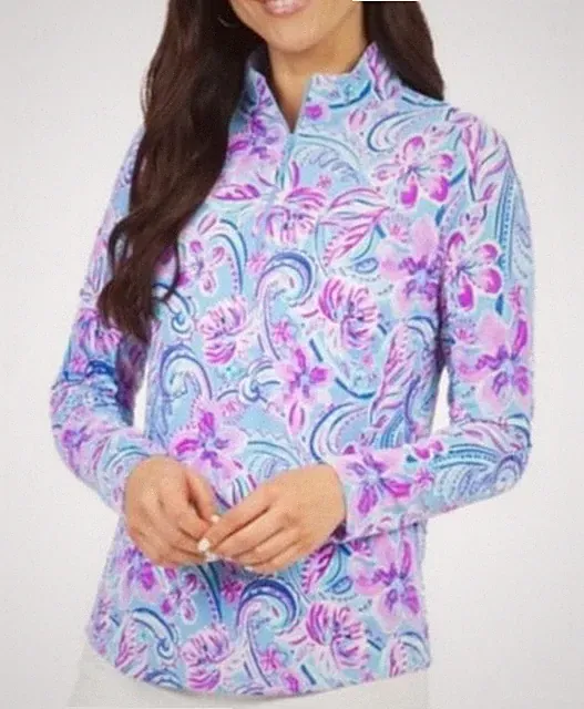 NWT IBKUL Allie Long Sleeve Mock Neck Shirt in Lavender Floral Golf Tennis XS