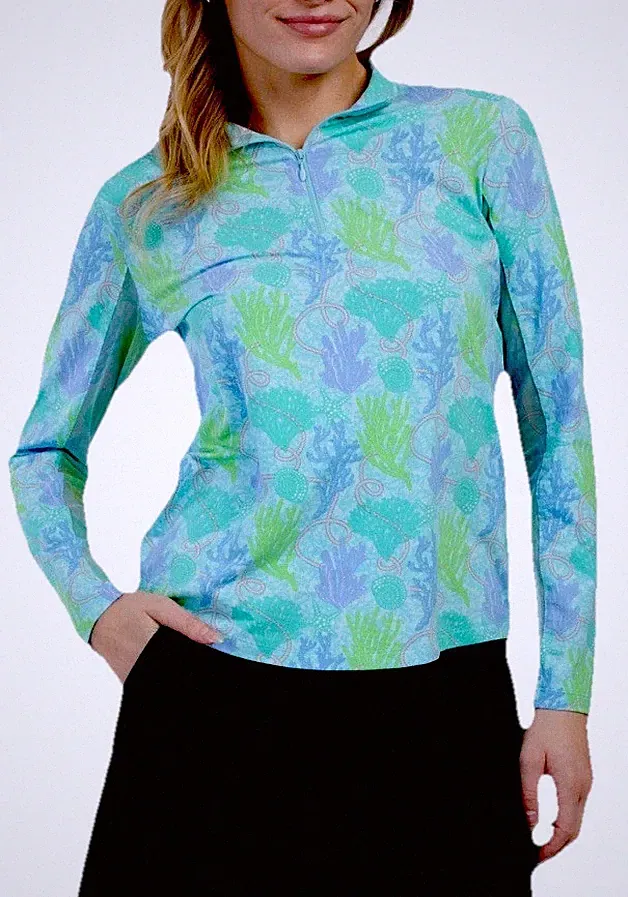 NWT IBKUL Golf Tennis 1/4 Zip Jacket Pullover S M L Green Coral Stretch UPF N8
