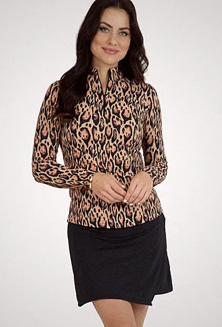 NWT IBKUL Golf Tennis 1/4 Zip Pullover Top XS S M L XL 2XL Leopard Longsleeve N4