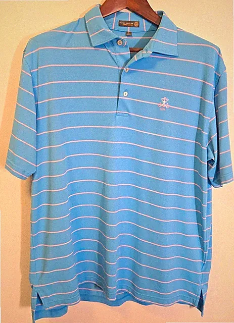 Peter Millar Summer Comfort Polo Men's L Woods Hole Golf Club Blue Coral Stripe