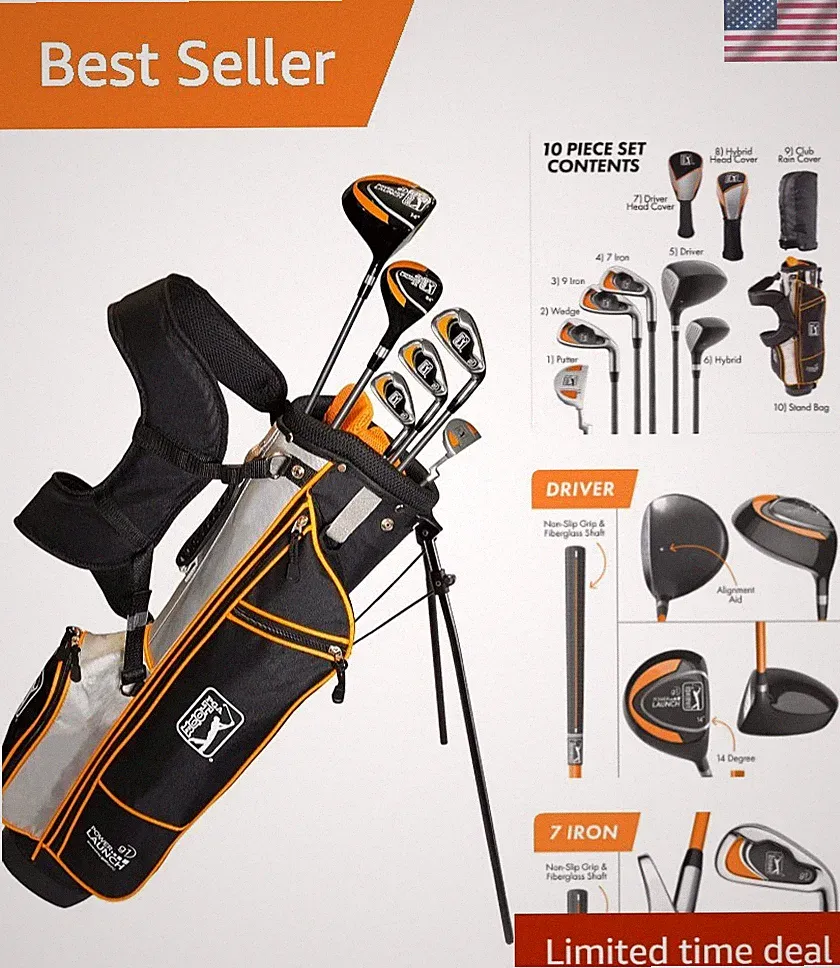 PGA Tour Youth Golf Club Set for Ages 5-15+ 3’5”-5’10”, Right and Left-Handed...