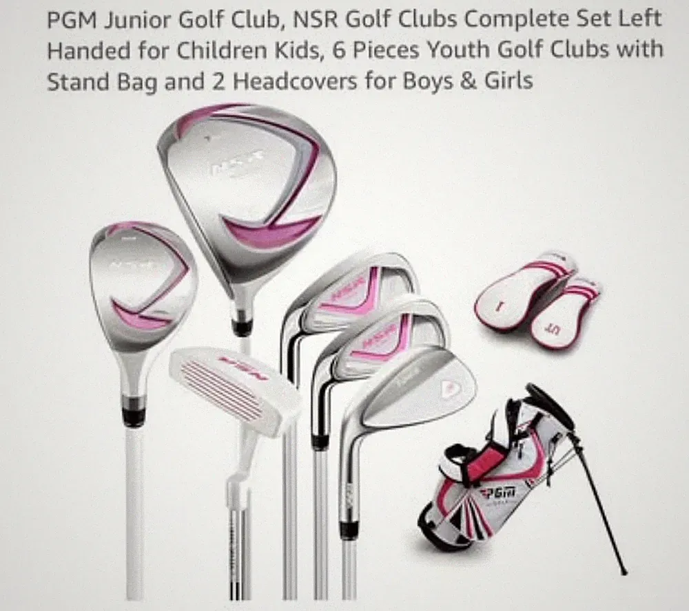 PGM [Left Handed] 6PCS Junior Golf Club Set Kids 9-12 Stand Bag Headcovers, Pink