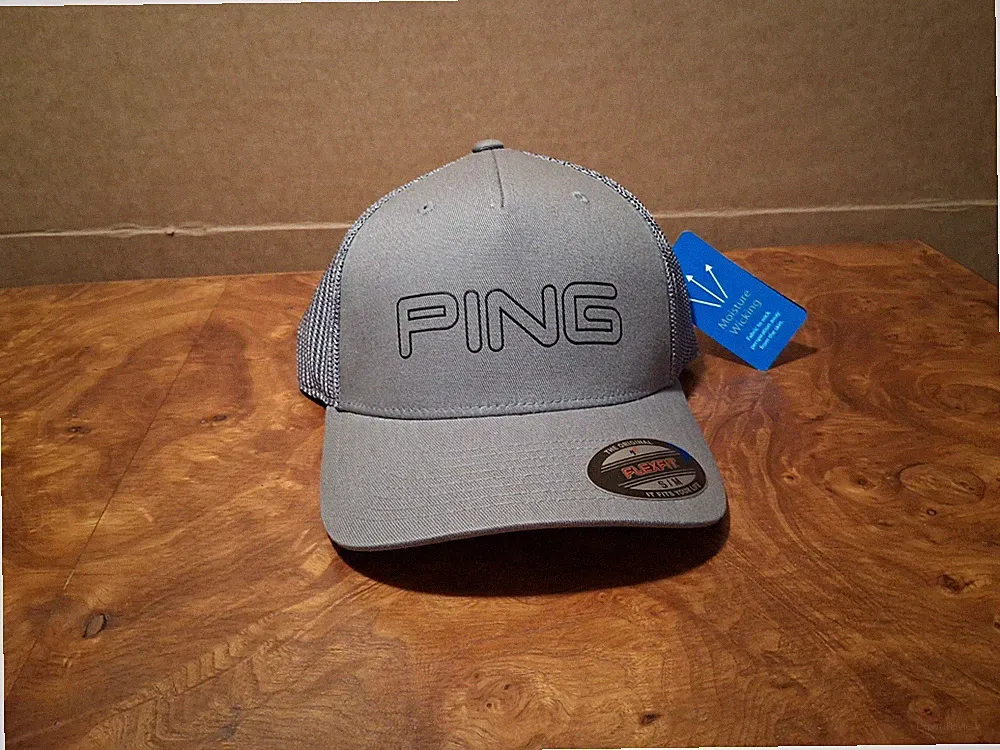 PING Golf Hat Cap Gray Fitted S/M Flexfit Mesh Moisture Wicking.
