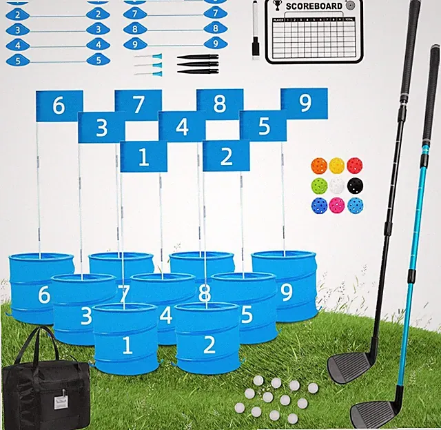 Portable Golf Game Set with 2 Retractable Clubs & 9 Buckets for Family Fun