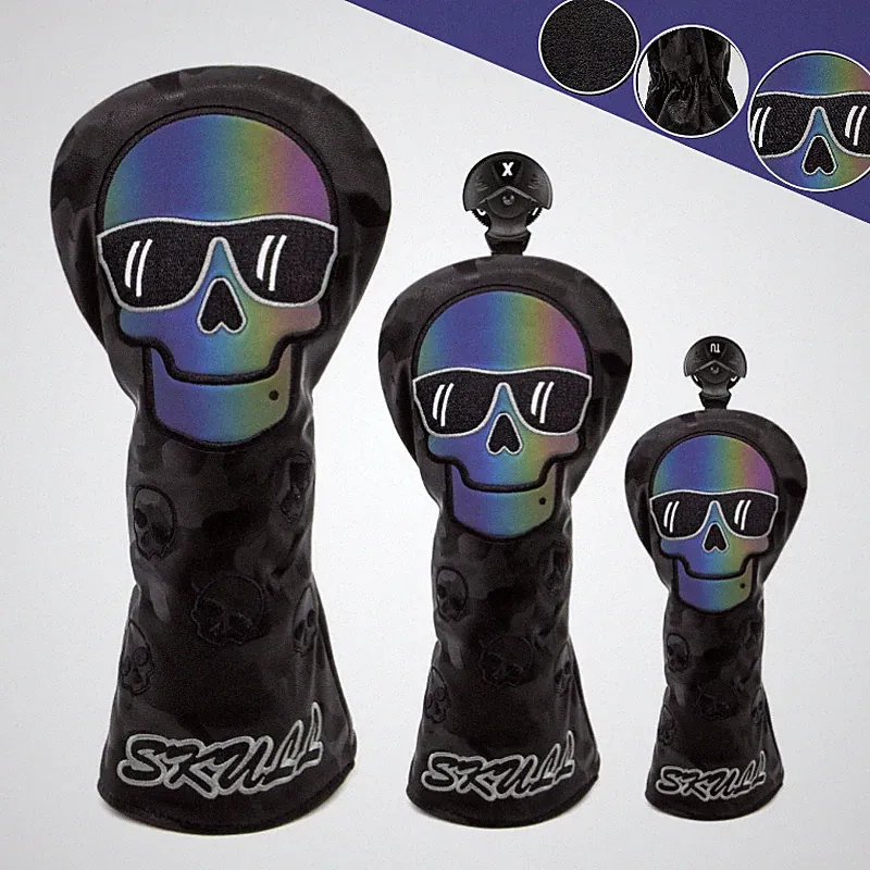 Premium Golf Cover Headcover Driver Fairway Wood Black Skull Synthetic Leather
