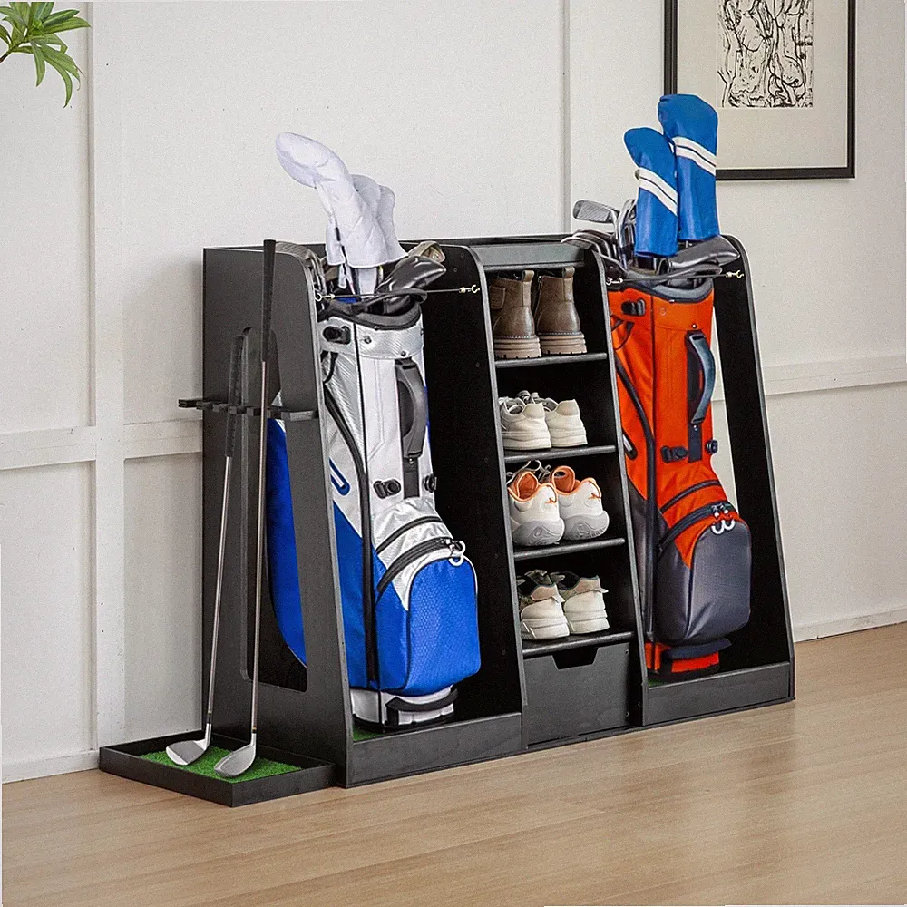 Premium Wooden Golf Bag Organizer Clubs Golf Storage Rack Holds 2 Golf Bags
