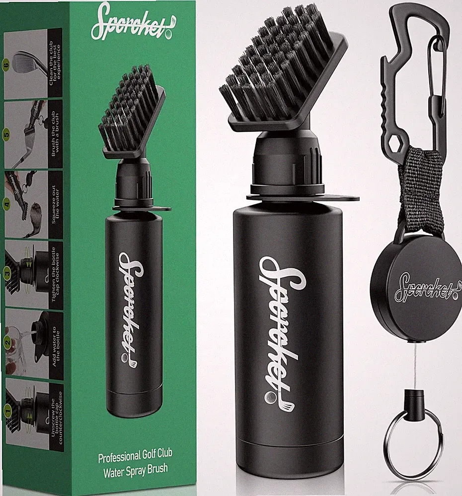 Pro Golf Club Brush Cleaner with Heavy Duty Steel Cable Retractable Clamp | Incl