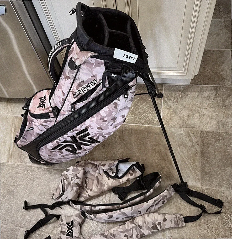 PXG Tan Pink CAMO Stand Golf Bag Four Season Golf and Sports Club, 4 way Divider