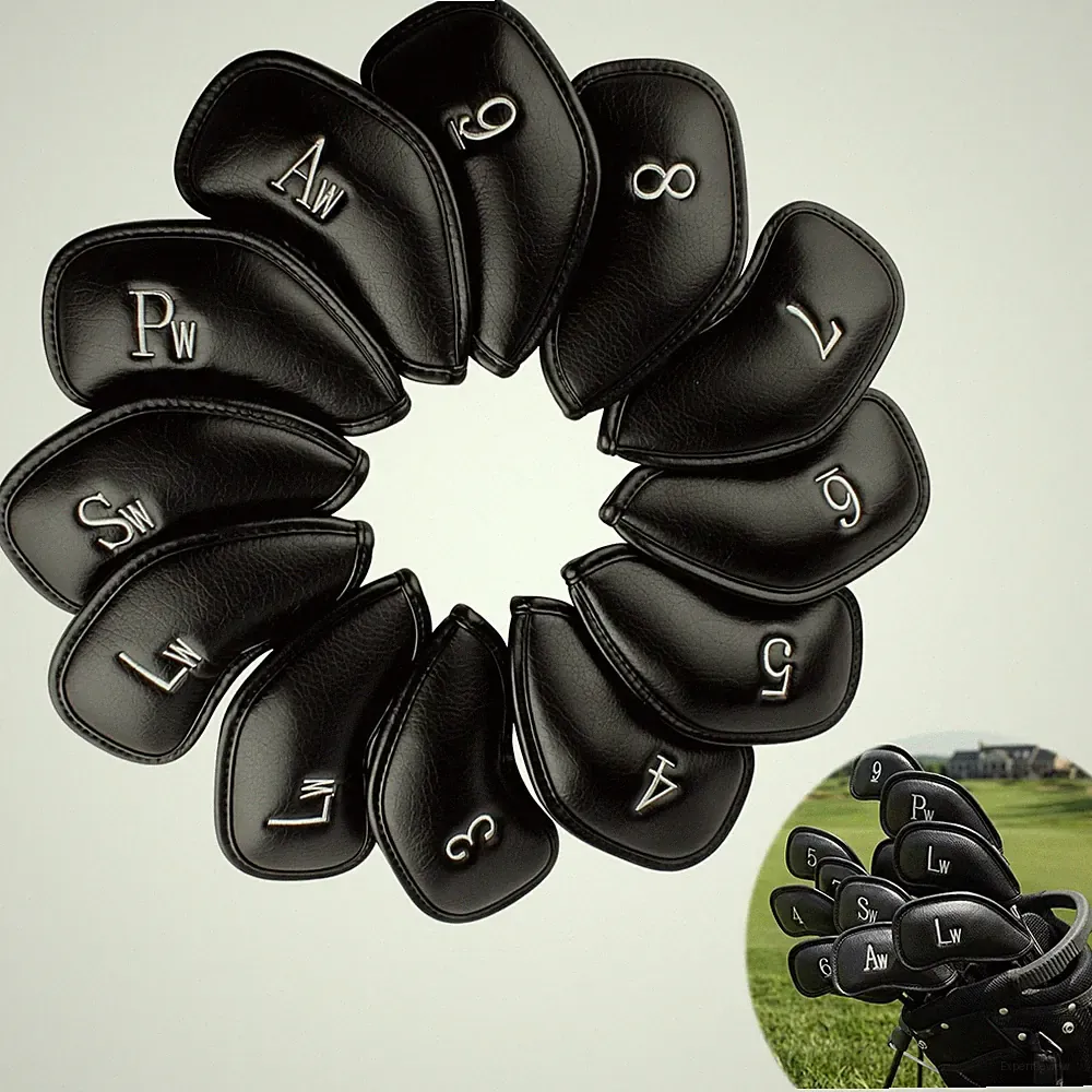 RAINFLOW 12 Pcs Golf Iron Covers Set - Synthetic Leather Head black