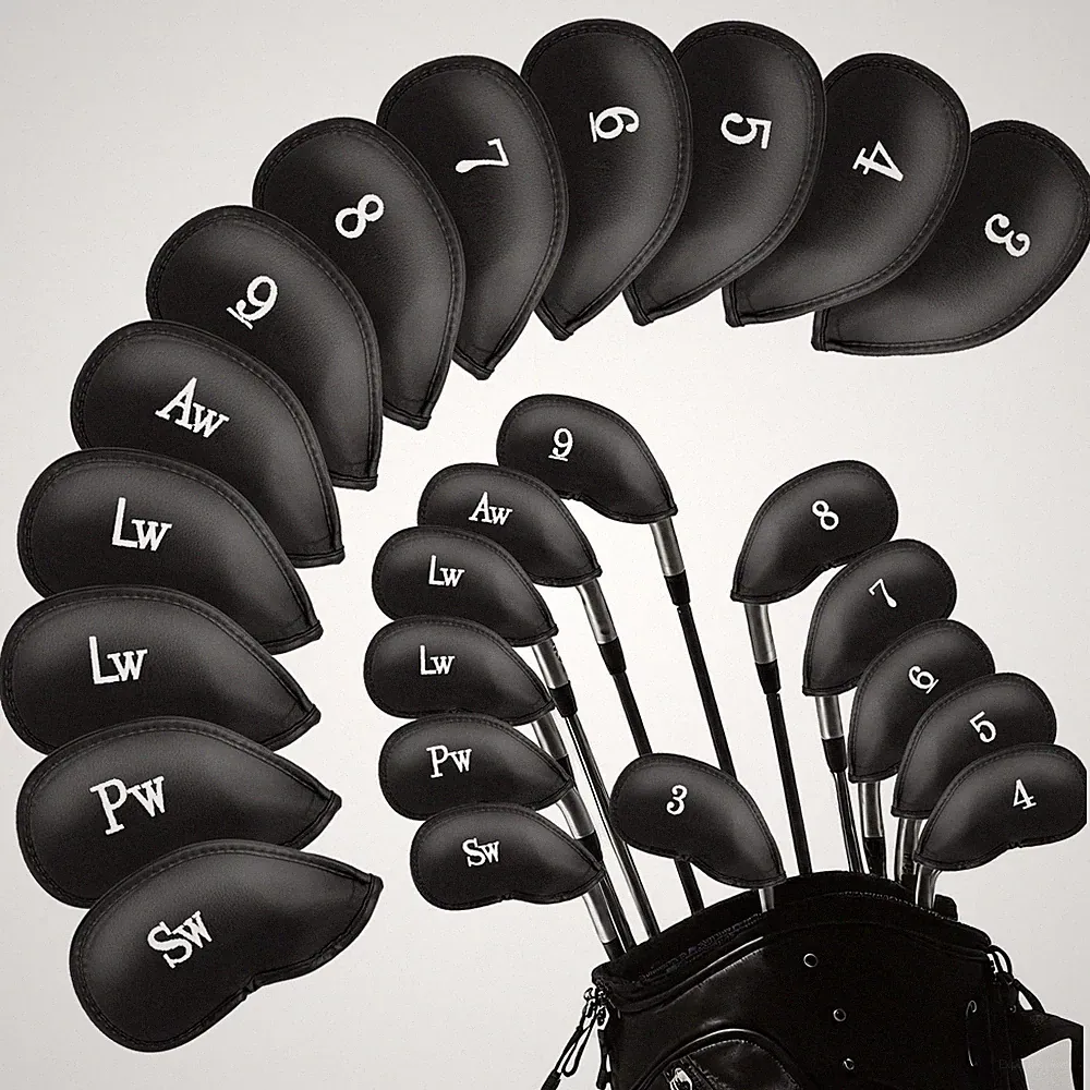 RAINFLOW 12 Pcs Golf Iron Covers Set - Synthetic Leather Head black