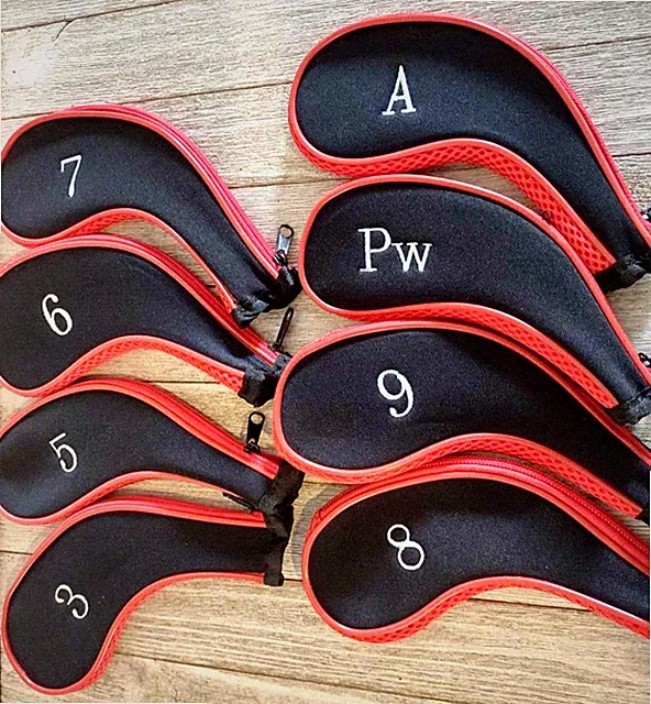 Red Neoprene Zipper Golf Club Iron Head Covers 8 pc Assorted Set