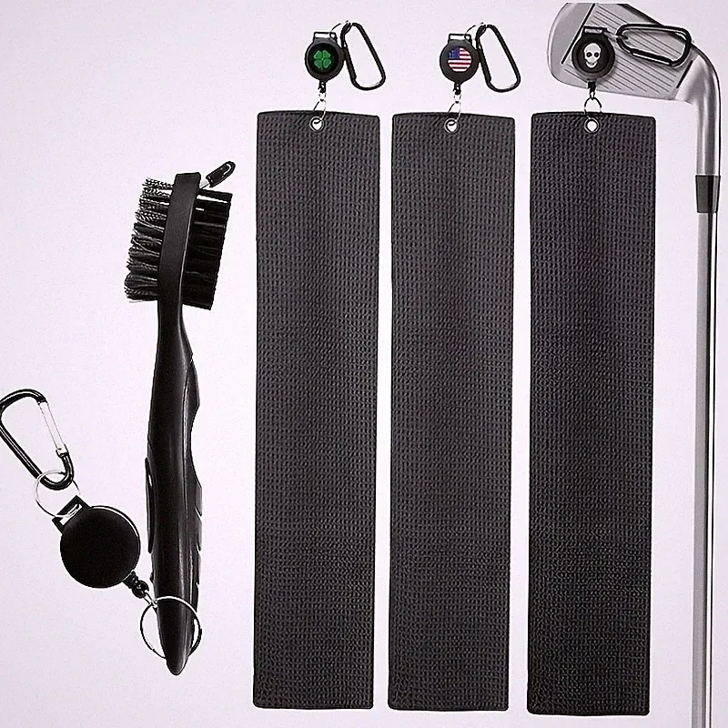 Retractable Golf Club Cleaner 1 Pack and Durable Golf Towels 3 Pack 16'' x 16''