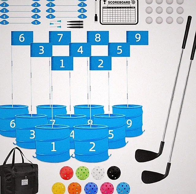 Right-handed two-club golf game set, includes 9 buckets of practice balls.