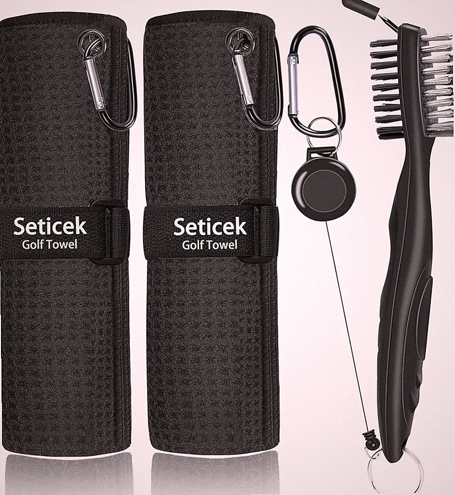 "Seticek 2-Pack Golf Towels 16x16" with Club Brush Microfiber Cleaning Kit"