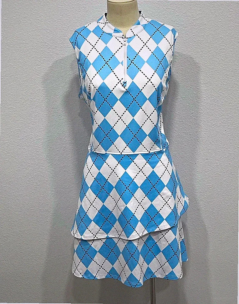 SONEVEN Women Golf Dress XL Blue/White/Black Argyle Zip Front matching Shorts