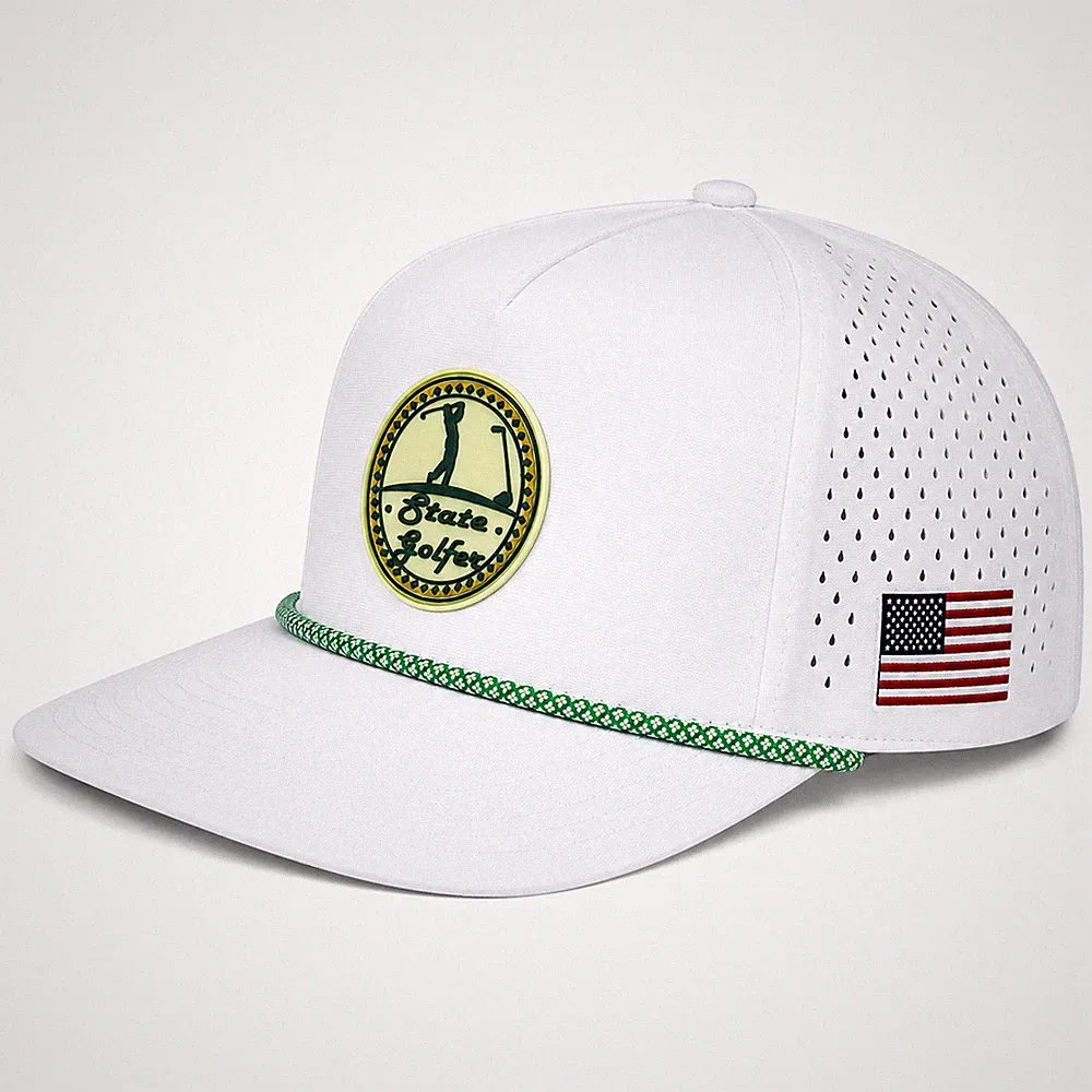 State Golfer Golf Hat 5 Panel Rope Snapback PVC White Cap American Flag