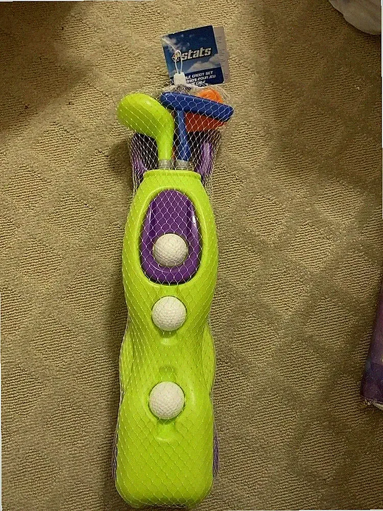 Stats Golf Combo Clubs w caddy balls Kids Toy Yellowish Green Blue Orange Purple