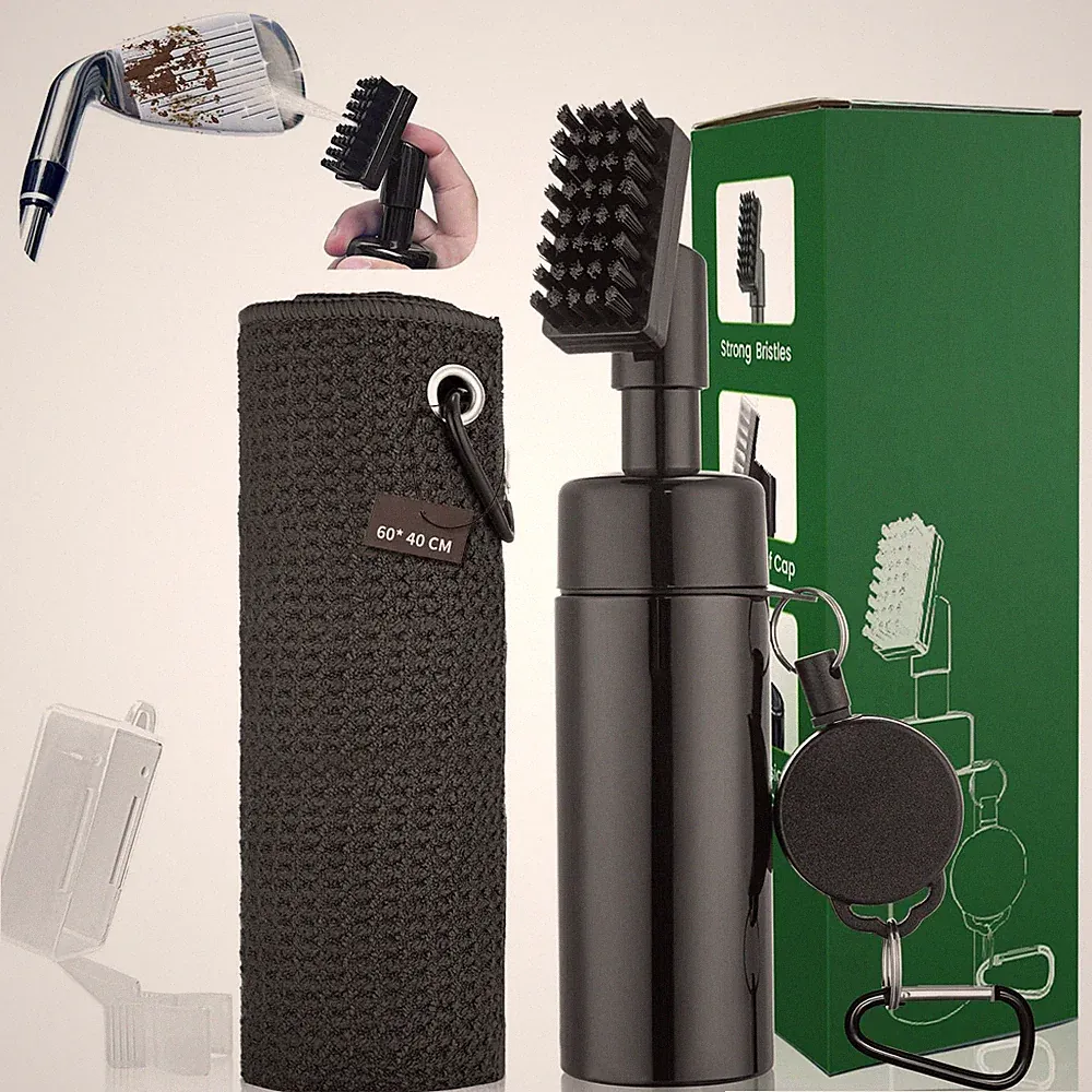 Stretchable Golf Club Brush, Non Leaking Design, Includes Towel, Black