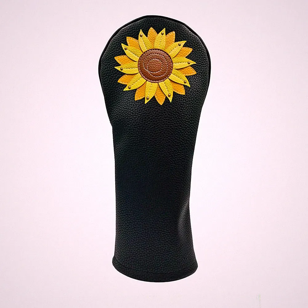 Sunflower PU Leather Golf Club Covers Driver Headcovers Fairway Driver, Black