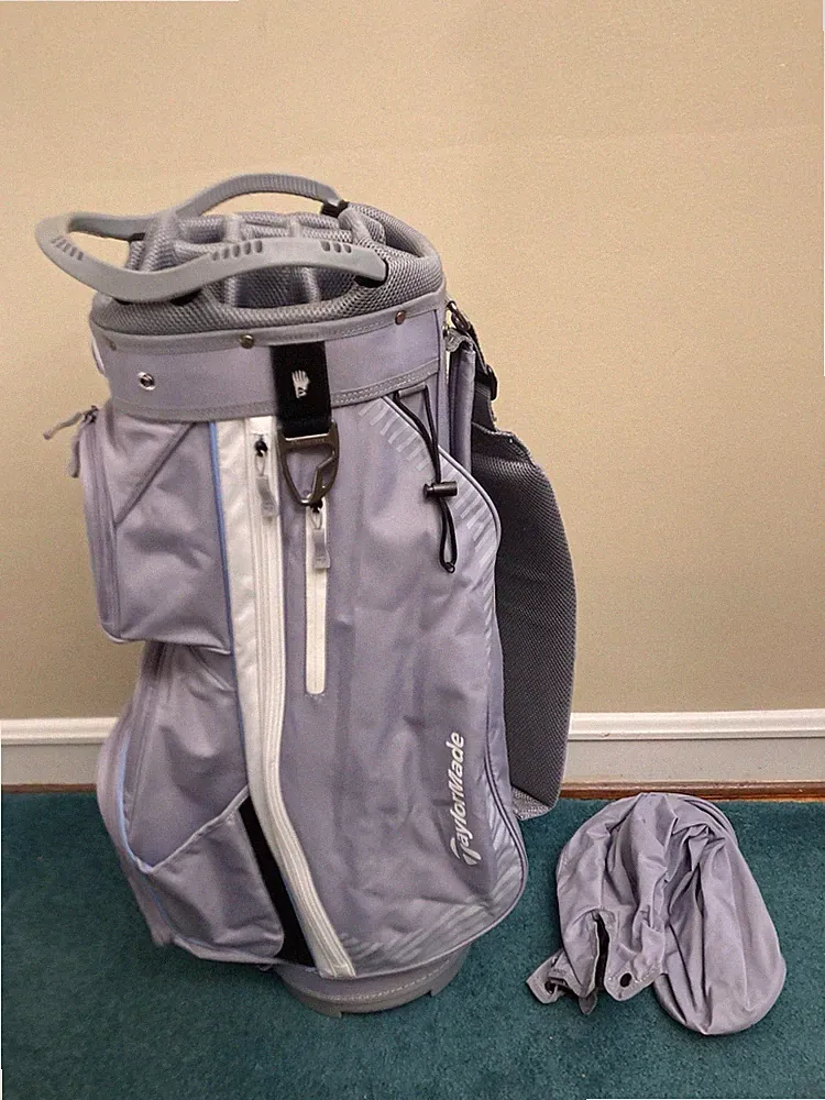 Taylormade Golf Cart Bag Single Strap Grey White 14 Way Top Nylon W/ Rain Cover