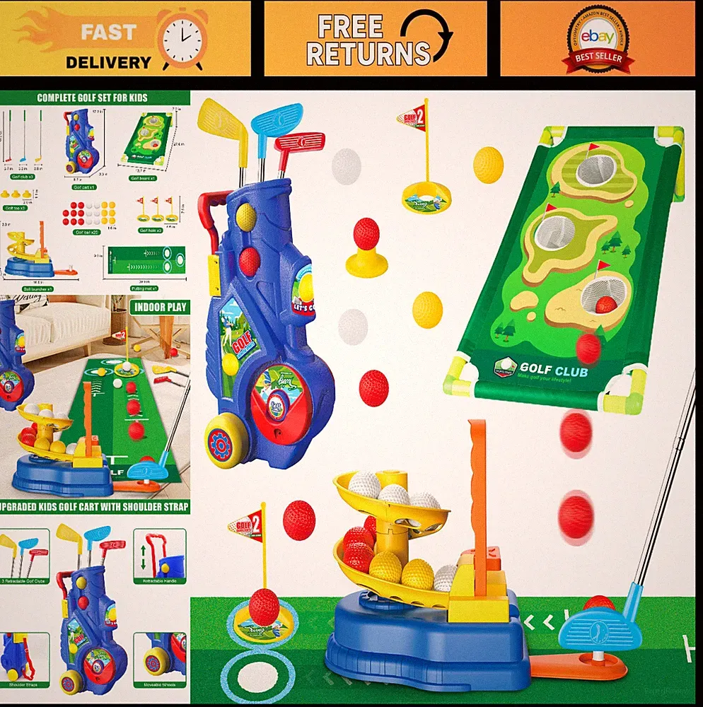 Toddler Golf Club Set for Ages 3-7, 2-in-1 Kids Golf Toy with Cart, Balls & Mat