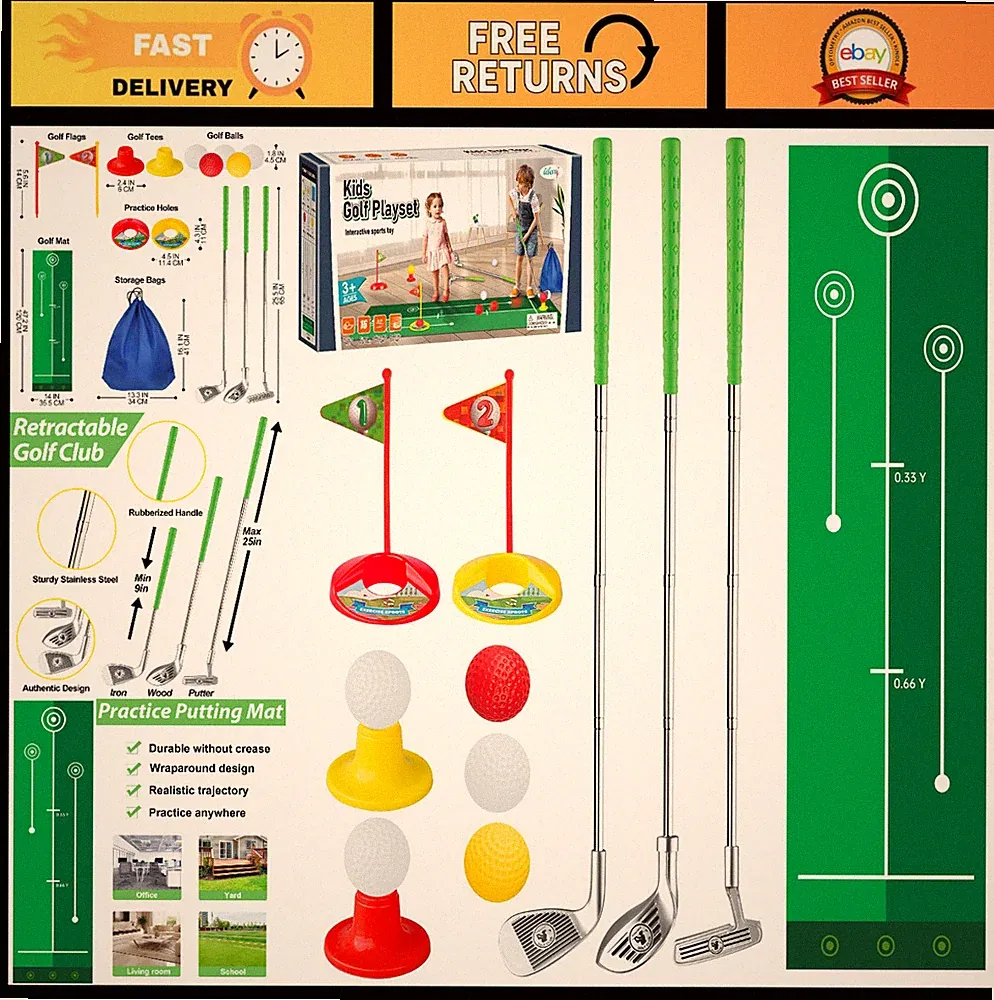 Toddler Golf Club Set for Kids 3-5 | Retractable Clubs & Storage Bag | Indoor/Ou