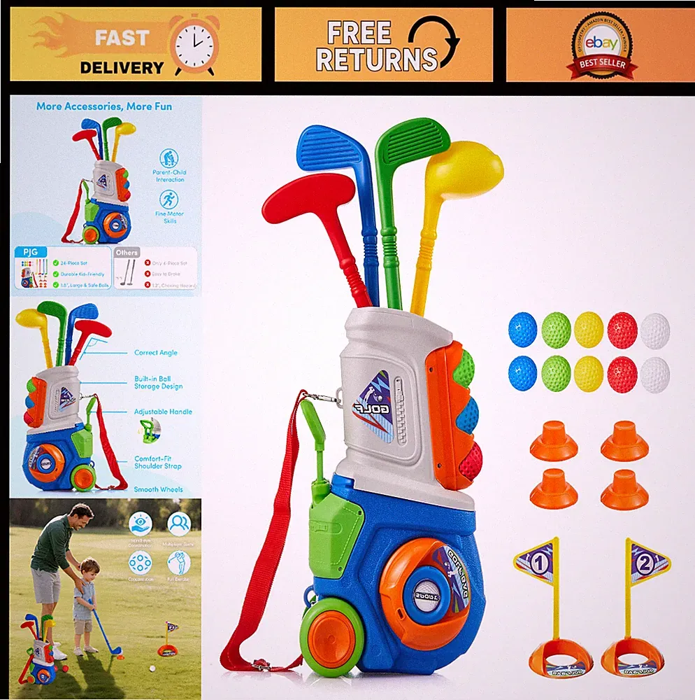 Toddler Golf Set - 4 Plastic Clubs & 10 Balls for Ages 1-5, Indoor/Outdoor Fun