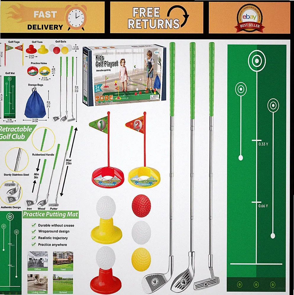 Toddler Golf Set - Retractable Toy Clubs, Putting Mat & Storage Bag for Kids 3-5