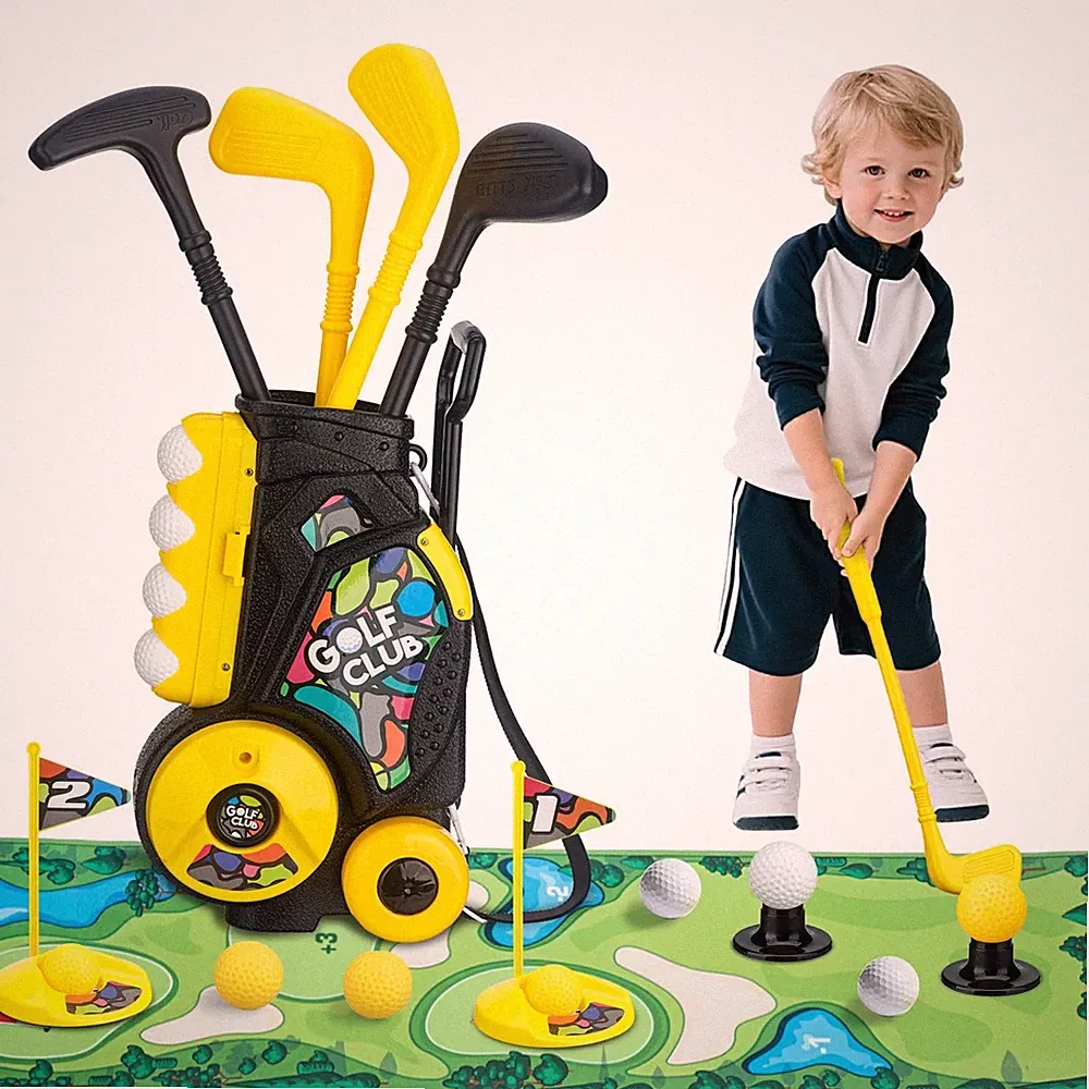 Toddler Golf Set with Wheeled Cart, Kids Golf Clubs Toy with 47.2" Putting Mat