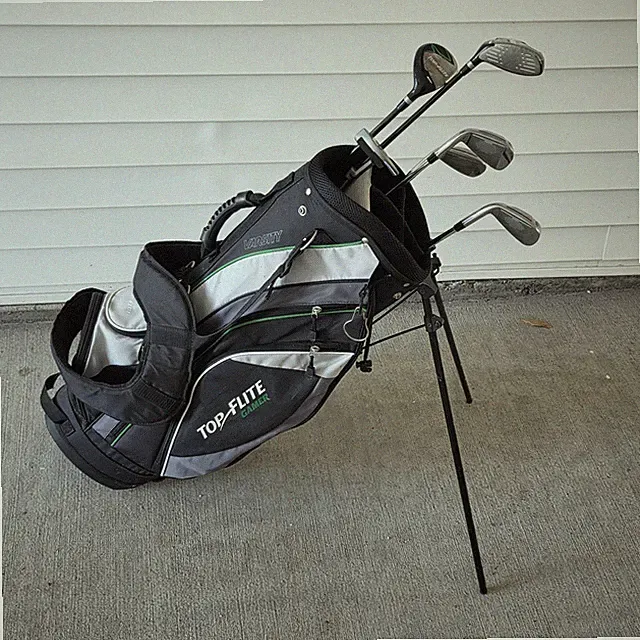 Top Flite Gamer Mens RH R Flex Golf Club Set 3W Hybrid Irons Putter Black Bag