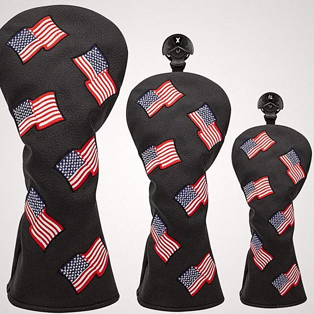 USA Flag Leather Golf Head Cover For Driver Fairway Wood Hybrid Club Protectable