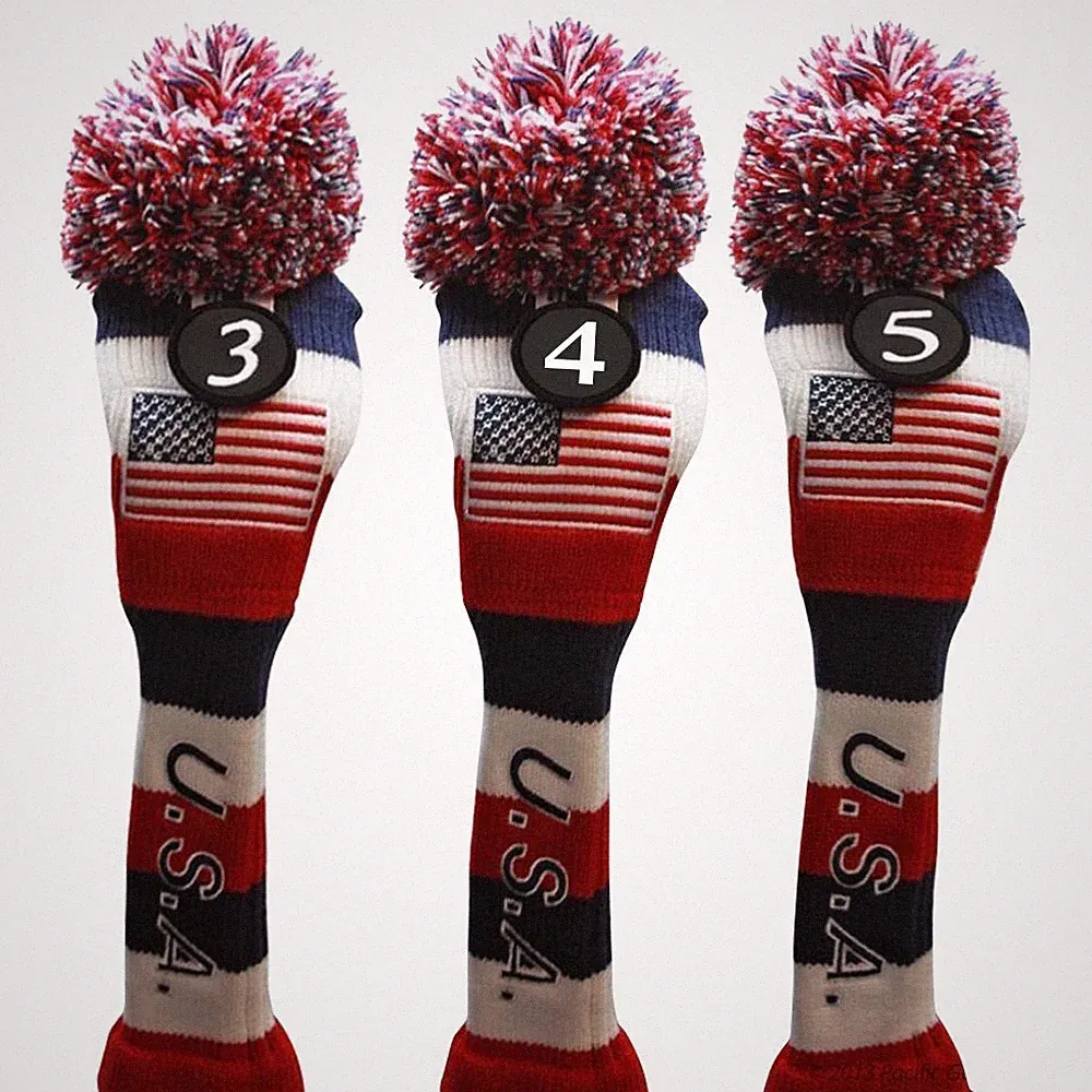 USA Majek Golf #3 4 5 Hybrid Headcovers Pom Pom Knit Classic Vintage Look