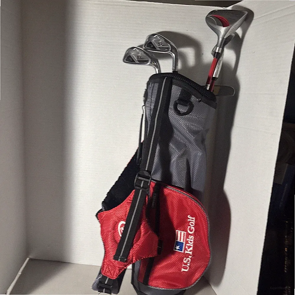 USKG 39 US Kids Golf Bag Set with 5 Clubs Age 3-6 Red/ Black Clubs are EUC
