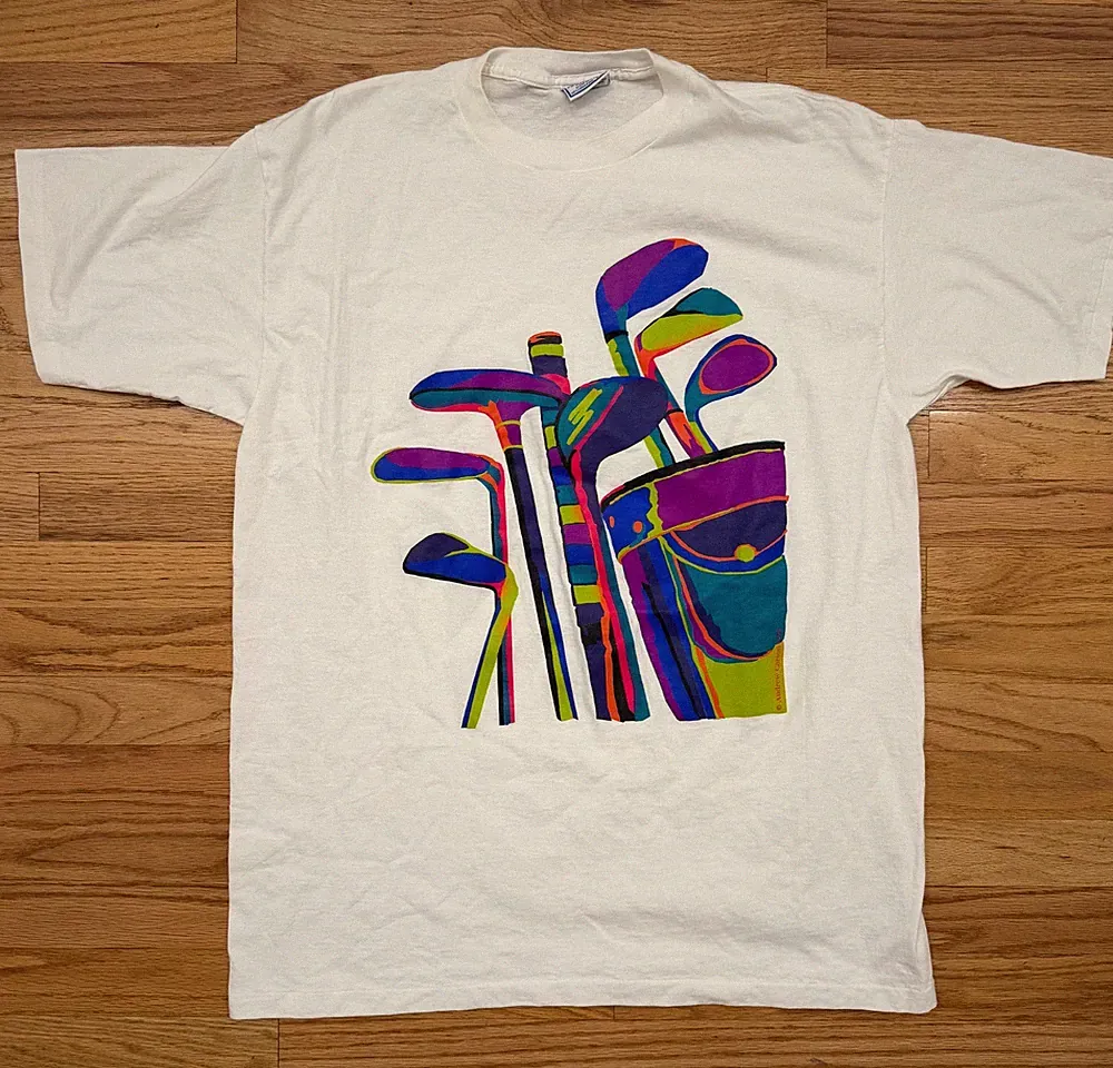 Vintage 1990s Andrew Carson All Sport Neon Golf Clubs Bag T Shirt - XL