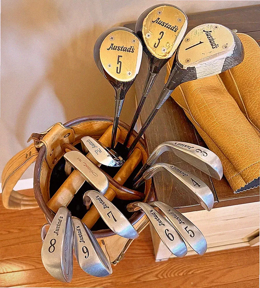 VINTAGE 70'S Austad Leather Golf Bag & Club Set 1-5 Wood, 3-9 Irons, PW + Putter