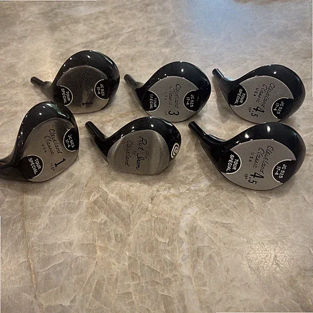 Vintage Cleveland Persimmon Drivers, 3 Wood, 2 Four Woods & Rut Iron Heads Only
