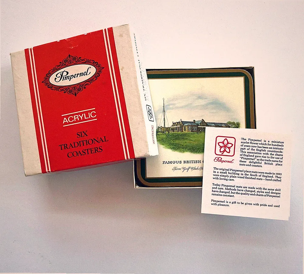 Vtg Pimpernel British Golf Clubs Coaster Set 6 In Box Acrylic On Cork