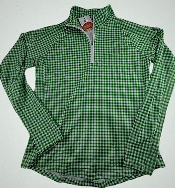 Walter Hagen Women's Medium P11 UV 1/4 Zip Green Gingham Golf Suncover L/S Shirt