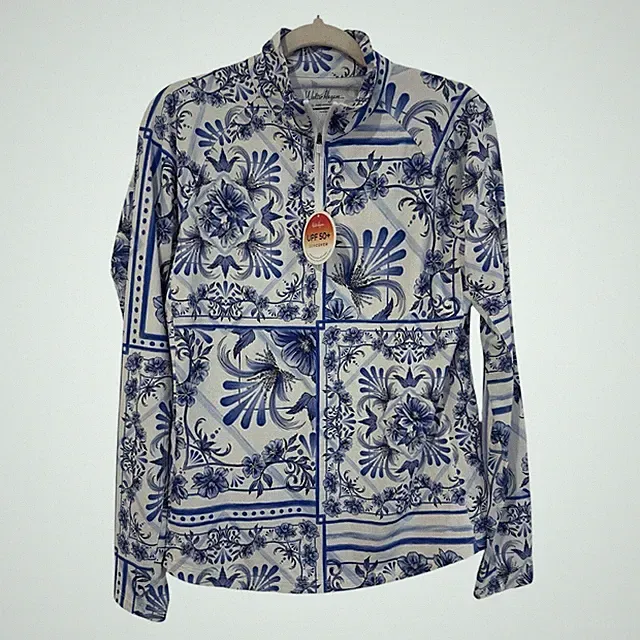 Walter Hagen Womens Blue White Floral Quarter Zip UPF 50 Suncover Top Medium NEW