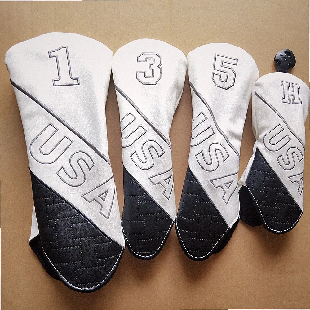 White/Black Vintage Golf Club Head Covers Driver Fairway Wood Hybrid Cover 135H